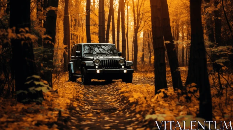 Luxurious Black Jeep Driving Through Fall Forest | Monochromatic Minimalist Art AI Image
