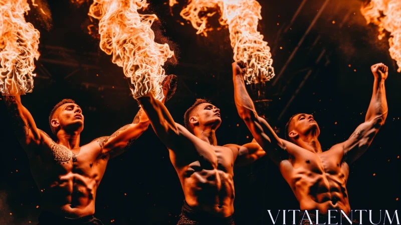 Raw Power of Fire: Muscular Men with Flames AI Image