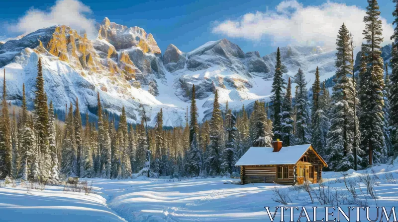 AI ART Serene Winter Landscape with Snow-Covered Cabin and Mountains