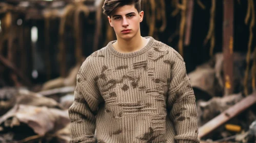 Serious Young Man in Brown Sweater in Abandoned Building