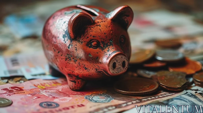 Shiny Copper Piggy Bank on Stack of Coins and Paper Money AI Image