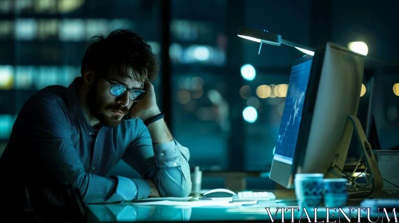 Thoughtful Professional at Desk in Dimly Lit Office AI Image