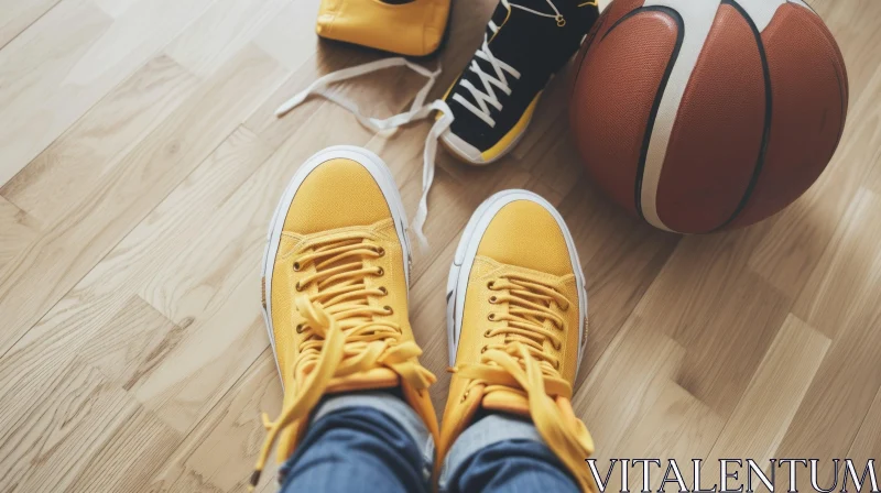 AI ART Vibrant Sneakers and Basketball on Wooden Floor - Artistic Composition
