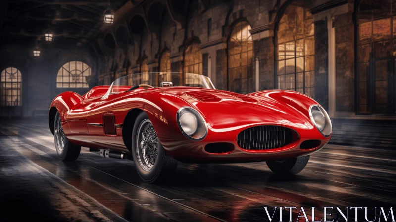 Vintage Red Sports Car Driving at Night - Realistic and Hyper-Detailed Rendering AI Image