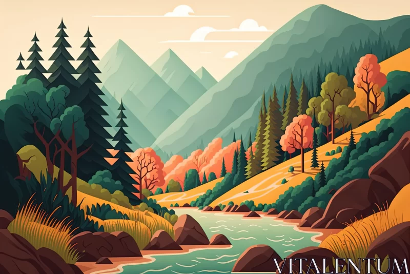 Autumn Landscape Drawing Illustration with Bold Palette AI Image