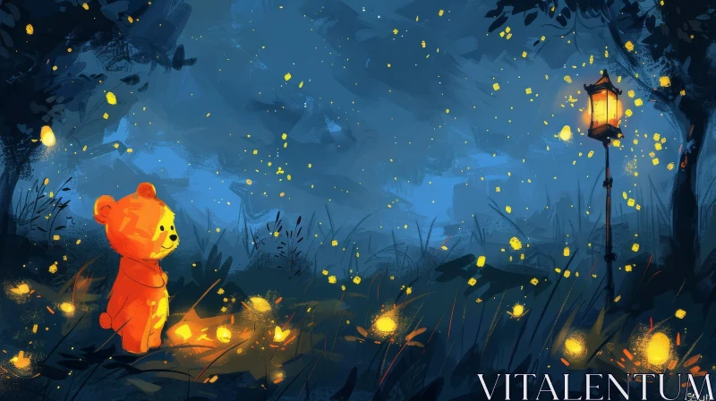 AI ART Bear in Forest Night Lantern Digital Painting
