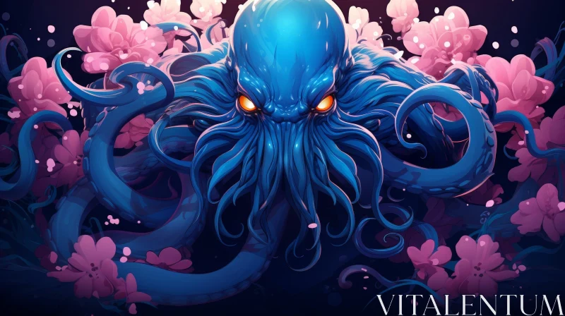 Blue Octopus Creature Digital Painting with Flowers AI Image