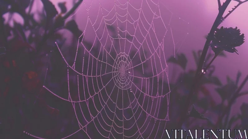 Enchanting Spider Web with Dew and Purple Flowers AI Image
