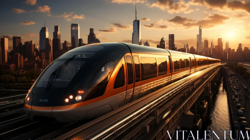 Futuristic Cityscape with Silver Train at Sunset AI Image