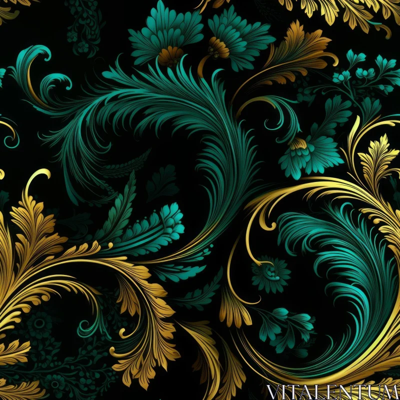 Golden and Teal Floral Pattern on Black Background AI Image