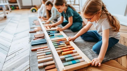 Joyful Preschool Girls Playing with Wooden Blocks