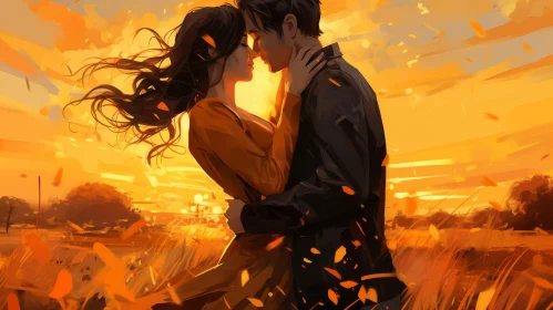 Romantic Sunset Painting in Wheat Field
