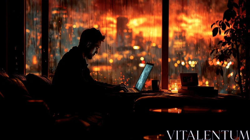 Serene Interior: Man Working on Laptop in Front of Rain-Covered Window AI Image