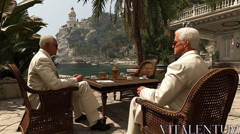 Serene Scene: Two Elderly Men Enjoying the Sea View from a Terrace AI Image