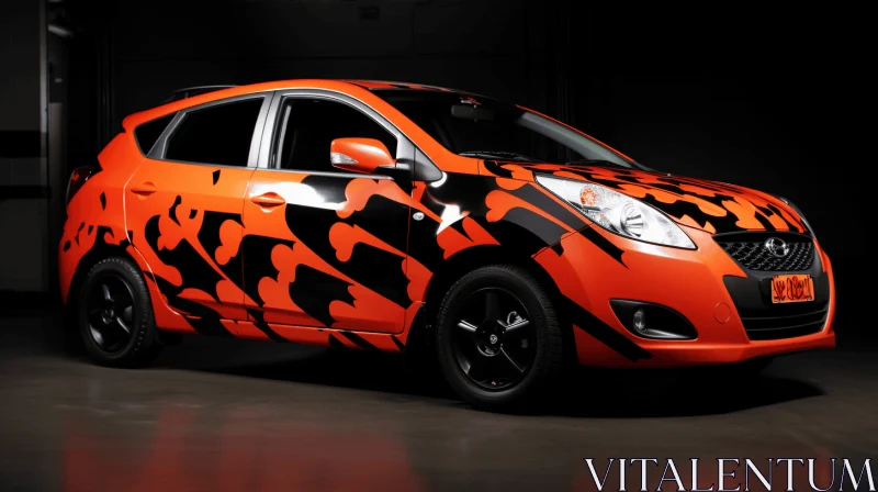 Striking Orange and Black Camouflaged Car in a Dark Room - Unique Japanese-Inspired Design AI Image