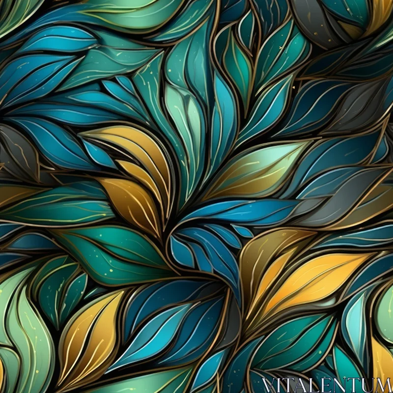 Teal Blue Gold Leaves Pattern AI Image