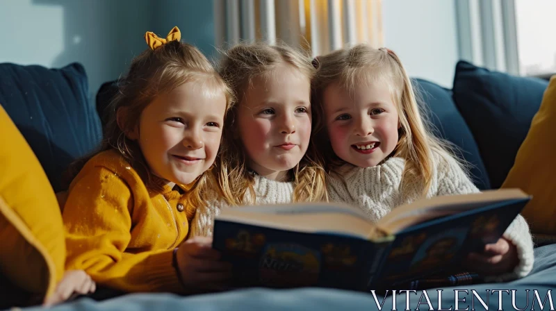 Three Little Girls Reading a Book | Happy and Smiling AI Image