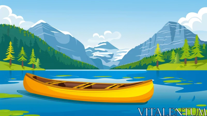 Tranquil Cartoon Landscape with Lake, Mountains, and Trees AI Image