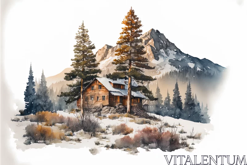 Captivating Watercolor Illustration of Wood House and Mountain AI Image