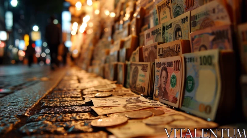 Exquisite Collection of International Banknotes and Coins on a Wooden Table AI Image
