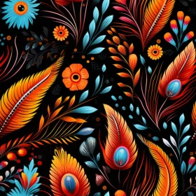 Floral and Peacock Feather Seamless Pattern - Folk Art Style
