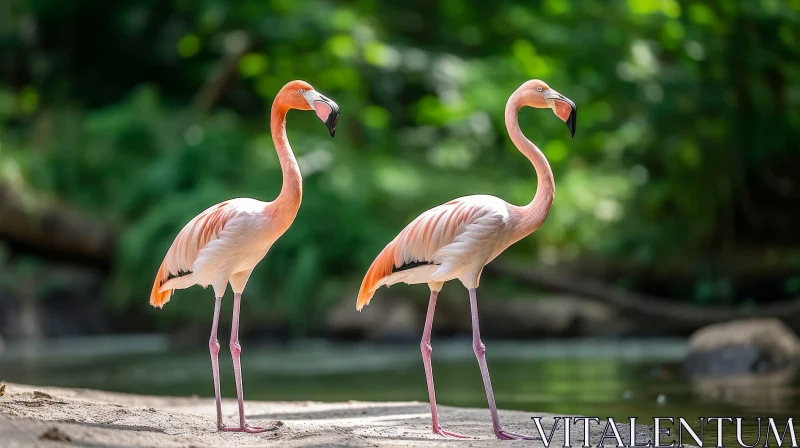Graceful Pink Flamingos by the Water AI Image