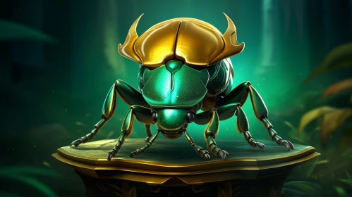 Green and Gold Beetle 3D Rendering in Forest Setting