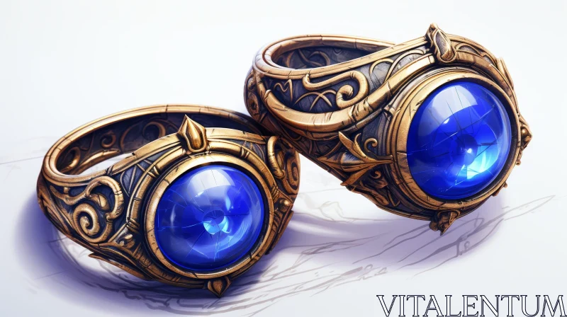 Intricate Gold Rings with Blue Gemstones | Abstract Art AI Image