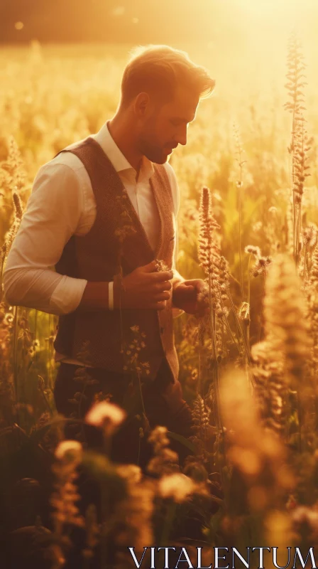 Man in Field of Grass at Sunset AI Image