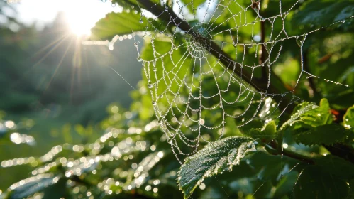 Morning Dew Spider Web in Sunlight