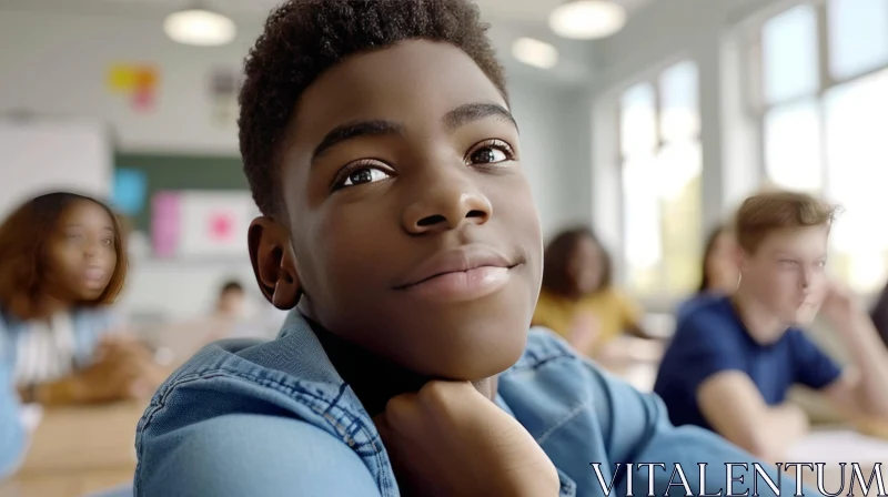 Portrait of a Thoughtful African-American Teenage Boy in a Classroom AI Image