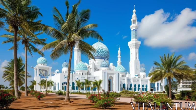 Serene Mosque with Blue and White Geometric Patterns AI Image