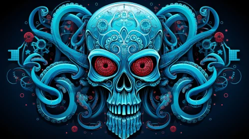 Blue Skull with Octopus Tentacles - Dark Surreal Art