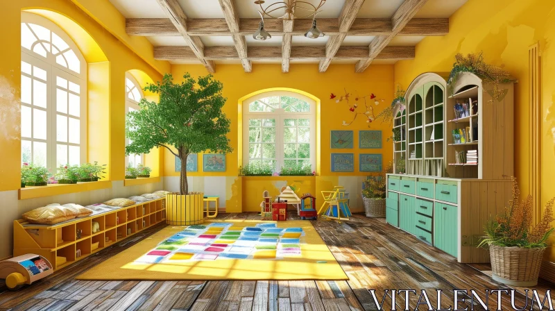 Cheerful Children's Playroom in Bright Yellow Color Scheme AI Image