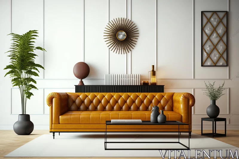 Elegant Living Room with Yellow Leather Sofa | High Detailed Design AI Image