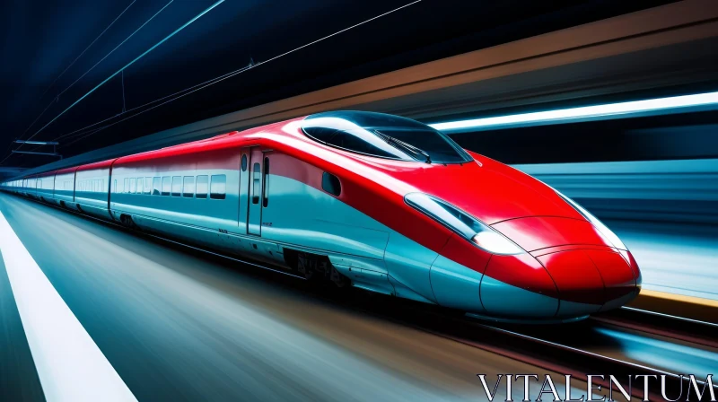 High-Speed Red and White Train in Motion Through Tunnel AI Image