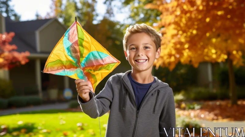 Joyful Boy Flying Colorful Kite Outdoors AI Image