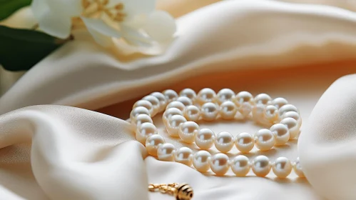 Luxurious Pearl Necklace on Cream Silk Fabric