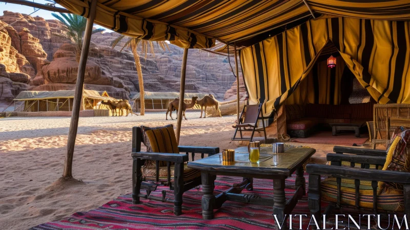 Luxurious Tent in the Desert: A Majestic Oasis of Color and Serenity AI Image