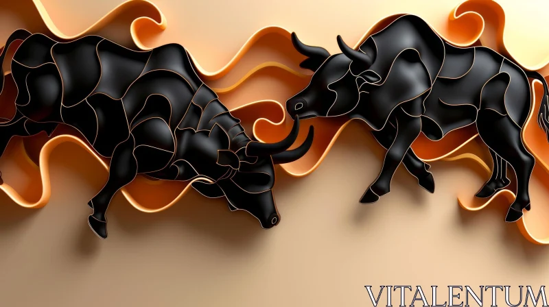 Majestic 3D Rendering of Powerful Bulls with Golden Horns AI Image