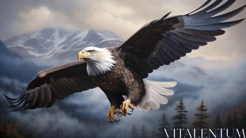 AI ART Majestic Bald Eagle Soaring Over Snowy Mountains