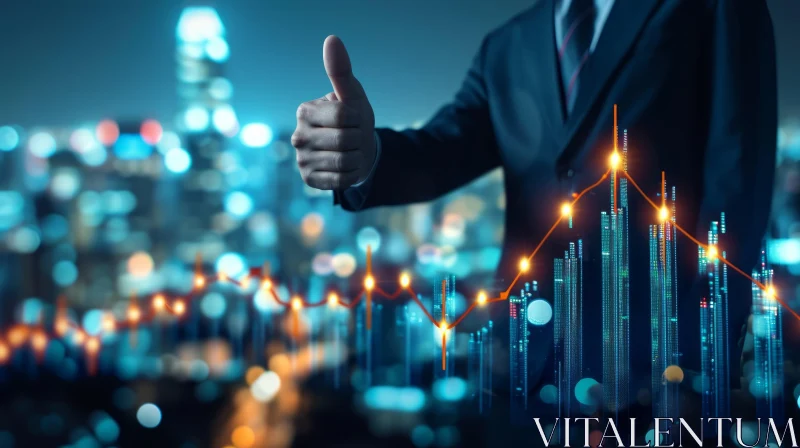 Modern City Nightscape with Businessman Holding Thumb Up AI Image