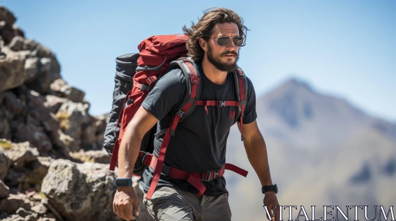 Mountain Hiking Adventure with Man in Black T-shirt AI Image