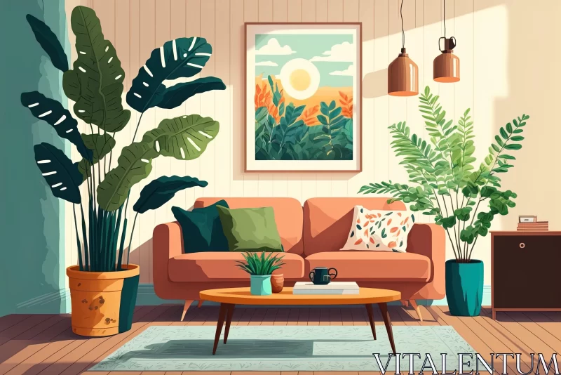 Retro Living Room Set with Plants and Sofa Inspired by Tropical Landscapes AI Image