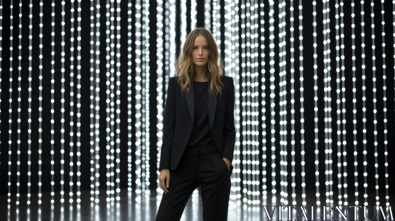 Serious Young Woman in Black Suit Standing in Front of White Lights AI Image