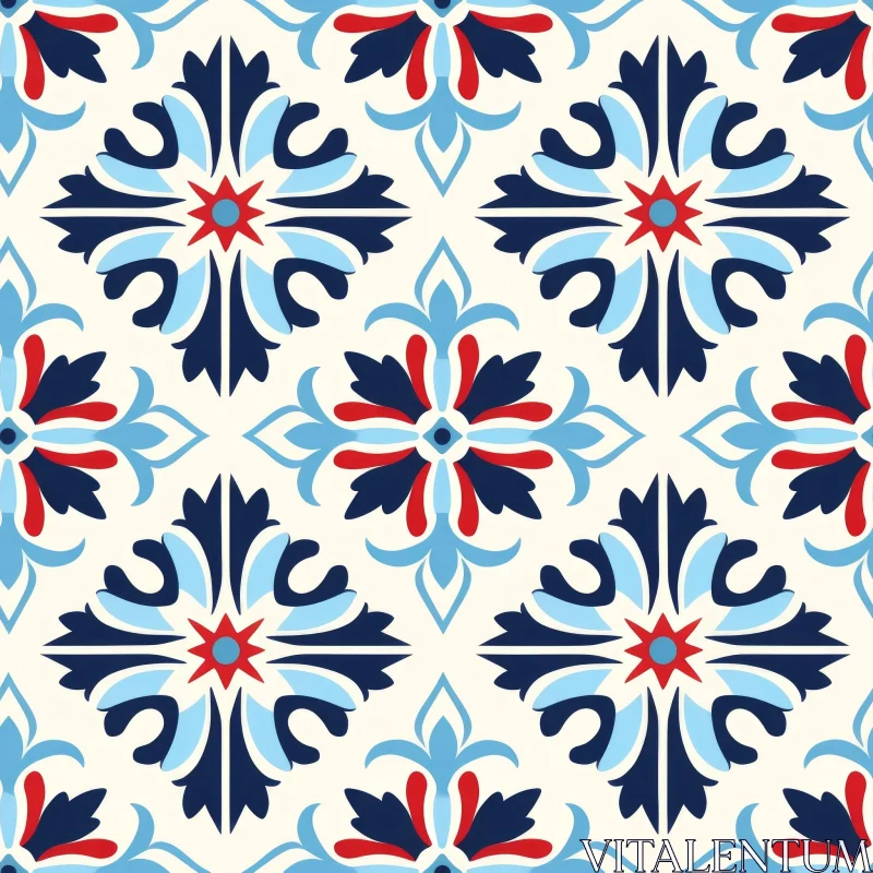 Traditional Floral Vector Pattern - Blue, Red, White AI Image