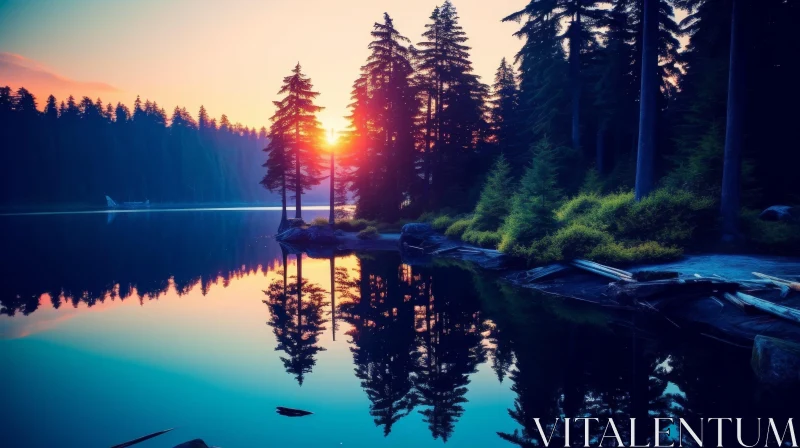 Tranquil Lake in the Mountains at Sunrise AI Image