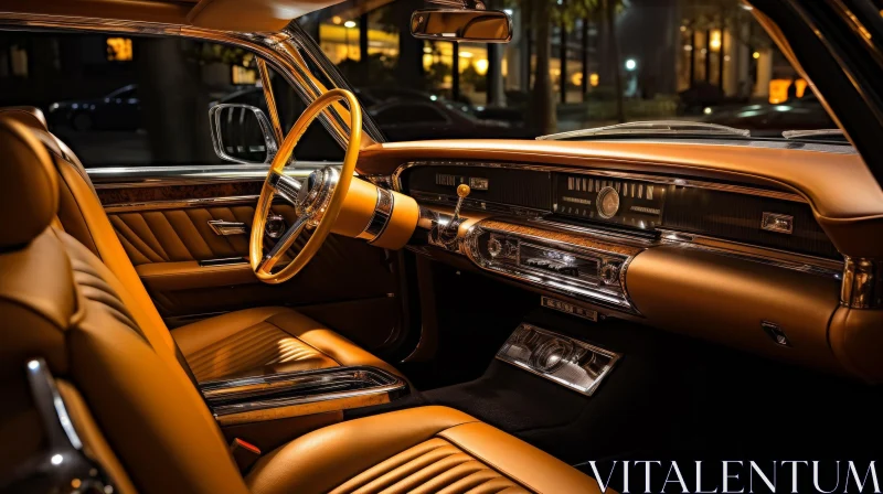 Vintage Car Interior | Brown Leather Seats | City Lights Reflection AI Image