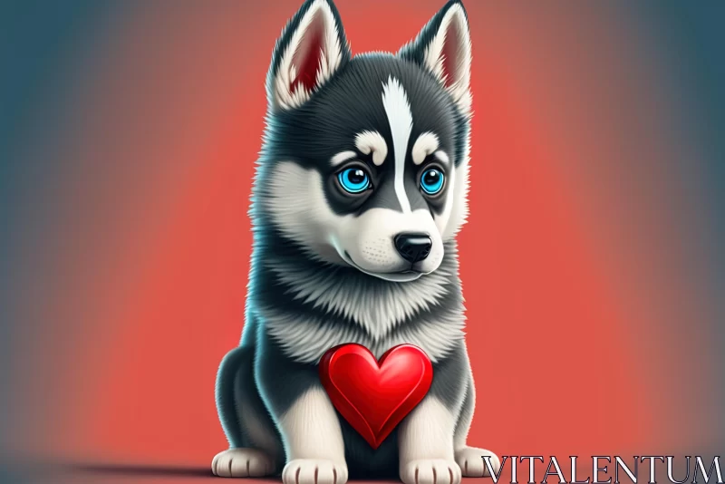 Adorable Husky Puppy Holding a Heart - Cartoonish Style AI Image