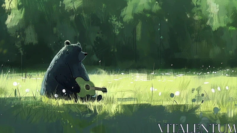 AI ART Bear Playing Guitar in Forest - Digital Painting